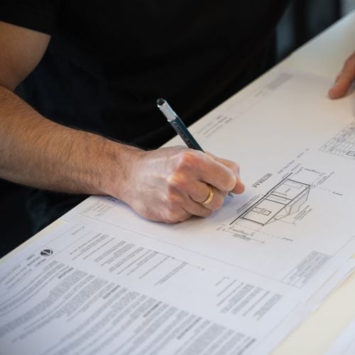 A  line drawing of  building plans