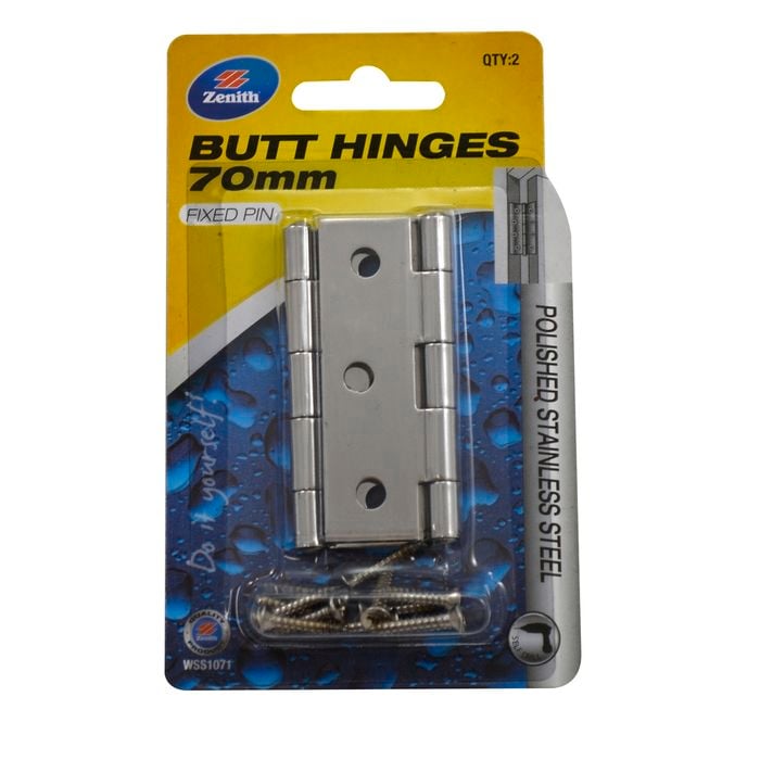 Zenith Butt Hinge  70mm 2pk Fixed Pin Polished Stainless Steel
