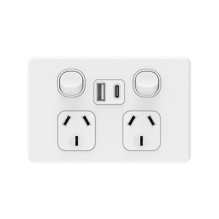 DETA Matte White S-Line Double Power Point With USB A And C Charger - Matt White