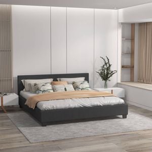 Single Upholstered Platform Bed Frame With Padded Headboard – Charcoal Charcoal Single