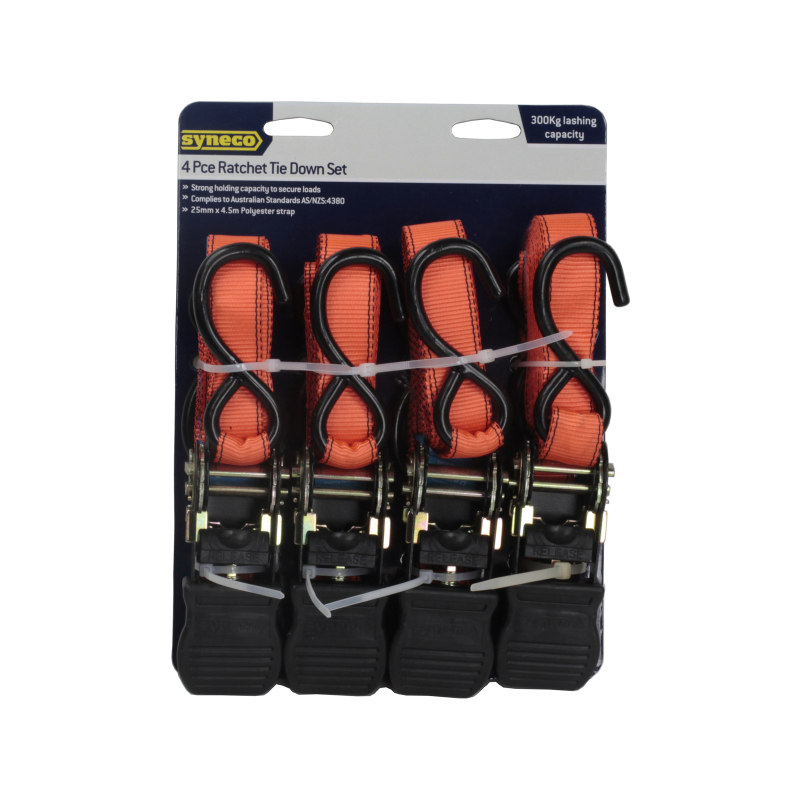 Syneco 25mm x 4.5m S Hook Ratchet Tie Down Set 4 Pack Bunnings Australia