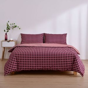 Dreamaker Micro Flannel Reversible Grid Quilt Cover Set Cherry Super King Bed