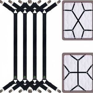 Bed Sheet Straps - Crisscross Fitted Sheet Clips and Holder Bands, 4-Piece Set (Black)