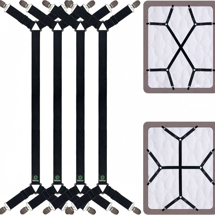 Bed Sheet Straps - Crisscross Fitted Sheet Clips and Holder Bands, 4-Piece Set (Black)