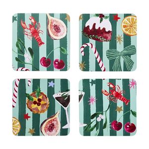 4pc Porto Tis The Season Set Coasters Festive Stripe Paper Serveware 10cm