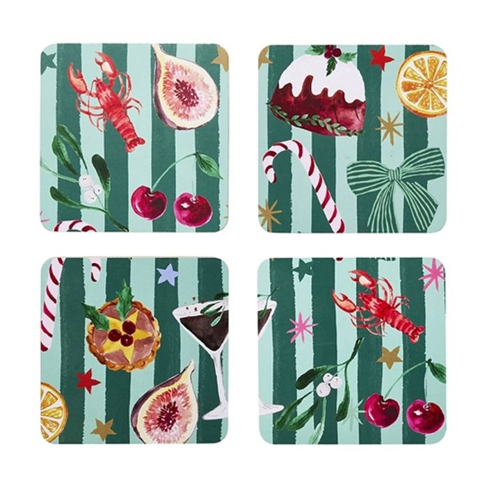 4pc Porto Tis The Season Set Coasters Festive Stripe Paper Serveware 10cm