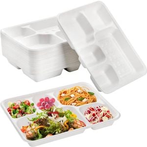 240pcs Sugarcane asse 5 Deep Compartt Lunch Paper Tray Plates 28x22cm Bulk
