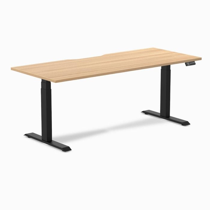 Desky Dual Sublime Teak Scalloped Melamine Sit Stand Desk 180x75cm Matte Black Frame Leg