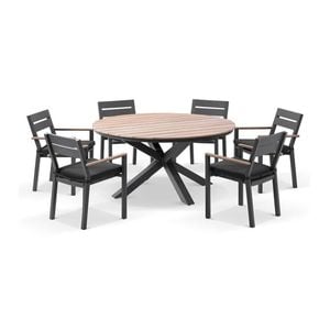 Tuscany Round 1.5m Outdoor Aluminium And Teak Dining Table Charcoal With 6 Capri Chairs & Denim Grey Cushions