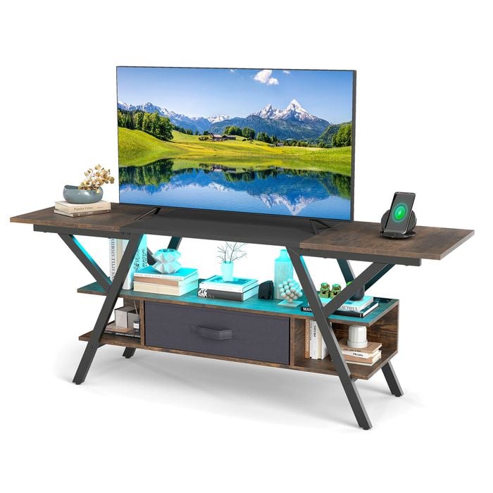 Costway 3-tier Tv Cabinet Led Entertainment Unit W/power Outlet Display Shelf Brown