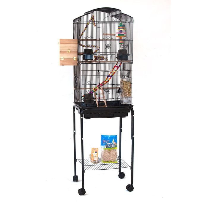 Dome Top High Bird Cage on Stand with Play Toys black
