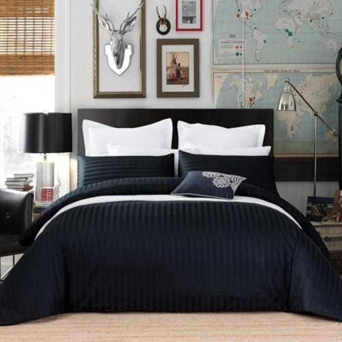 CottonMore 100% Cotton 650TC Sateen Striped Black Quilt Cover Set - Queen
