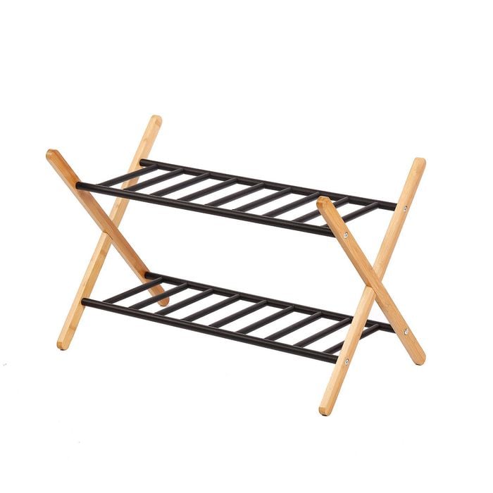 Sherwood Home 2-tier Portable Natural Bamboo And Metal Shoe Rack - Light Brown- 66x35.5x42cm