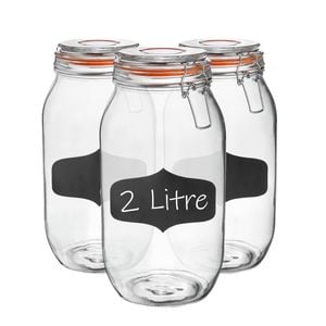 Argon Tableware 3x Glass Storage Jars & Labels Set - 2l/70.3oz 4 Colour Seals Airtight Kitchen Storage Container Preserving Jar