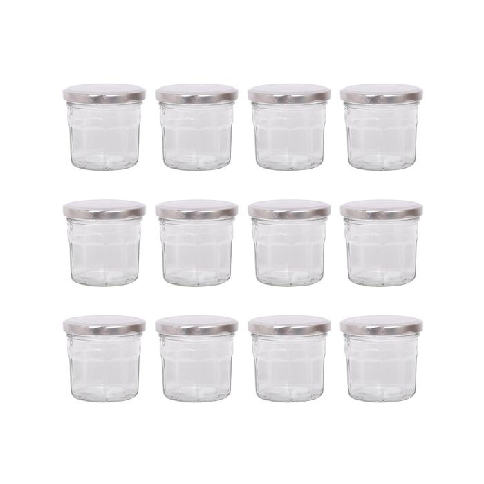 Argon Tableware 130ml Glass Jam Jars With Airtight Silver Lids - Set Of 12 Empty Screw Top Kitchen Storage Preserving Jar