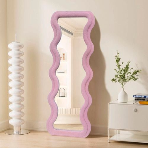 Best World 160cm x 60cm Wavy Teddy Velvet Full Length Mirror Pink Frame