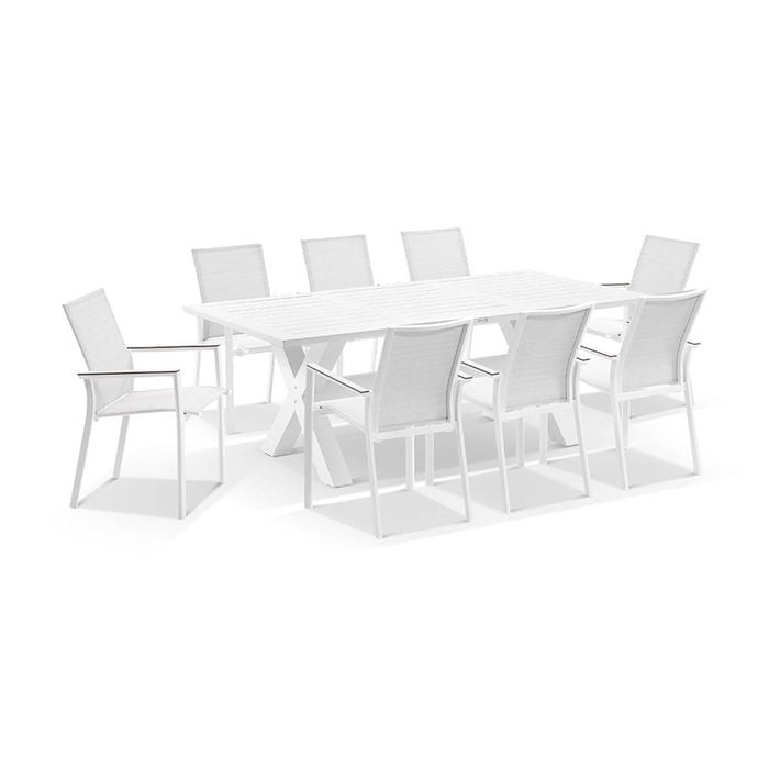 Tahitian 2.1m Aluminium Dining Table With 8 Patonga Chairs White