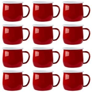 Argon Tableware 375ml Enamel Belly Mugs - Red - Set Of 12 Metal Drinking Cups Coffee Teacup Mug Set Hot, Cold Drinks Cups