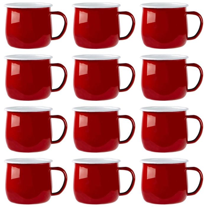Argon Tableware 375ml Enamel Belly Mugs - Red - Set Of 12 Metal Drinking Cups Coffee Teacup Mug Set Hot, Cold Drinks Cups