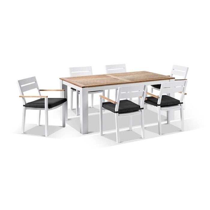 Balmoral 1.8m Teak Top Aluminium Table White With 6 Capri Dining Chairs & Denim Grey Cushions