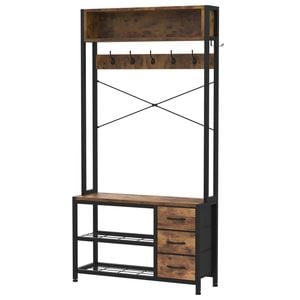 Ufurniture 180cm Hall Tree Coat Rack with Shoe Bench & 3 Drawers Brown+Black