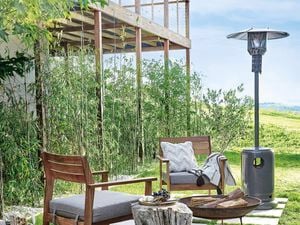 Outdoor living space with patio heater. The area is surrounded by lush green grass and what appears to be bamboo plants in the background. A pair of chairs are positioned by a fire at the centre with a dog in the foreground.